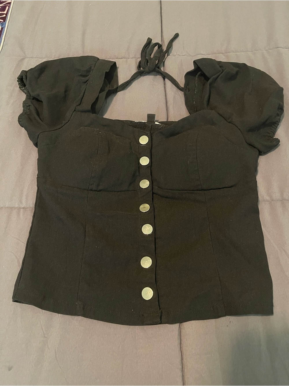 Haute Monde Black Puff-Sleeve Button Crop Top